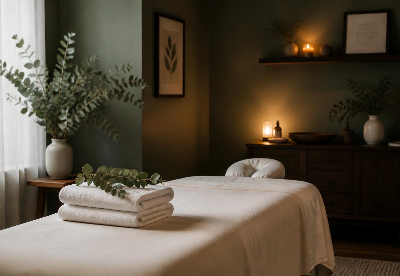 Calm massage treatment room with candles and eucalyptus
