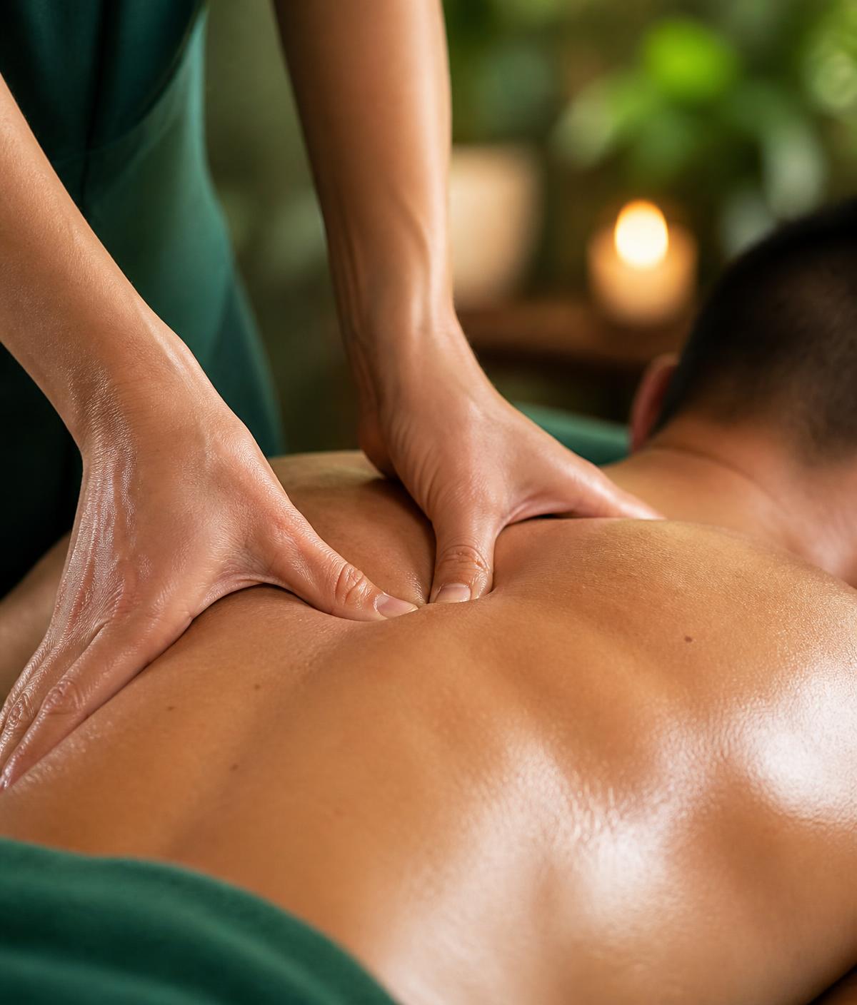 Therapist performing a deep tissue back massage